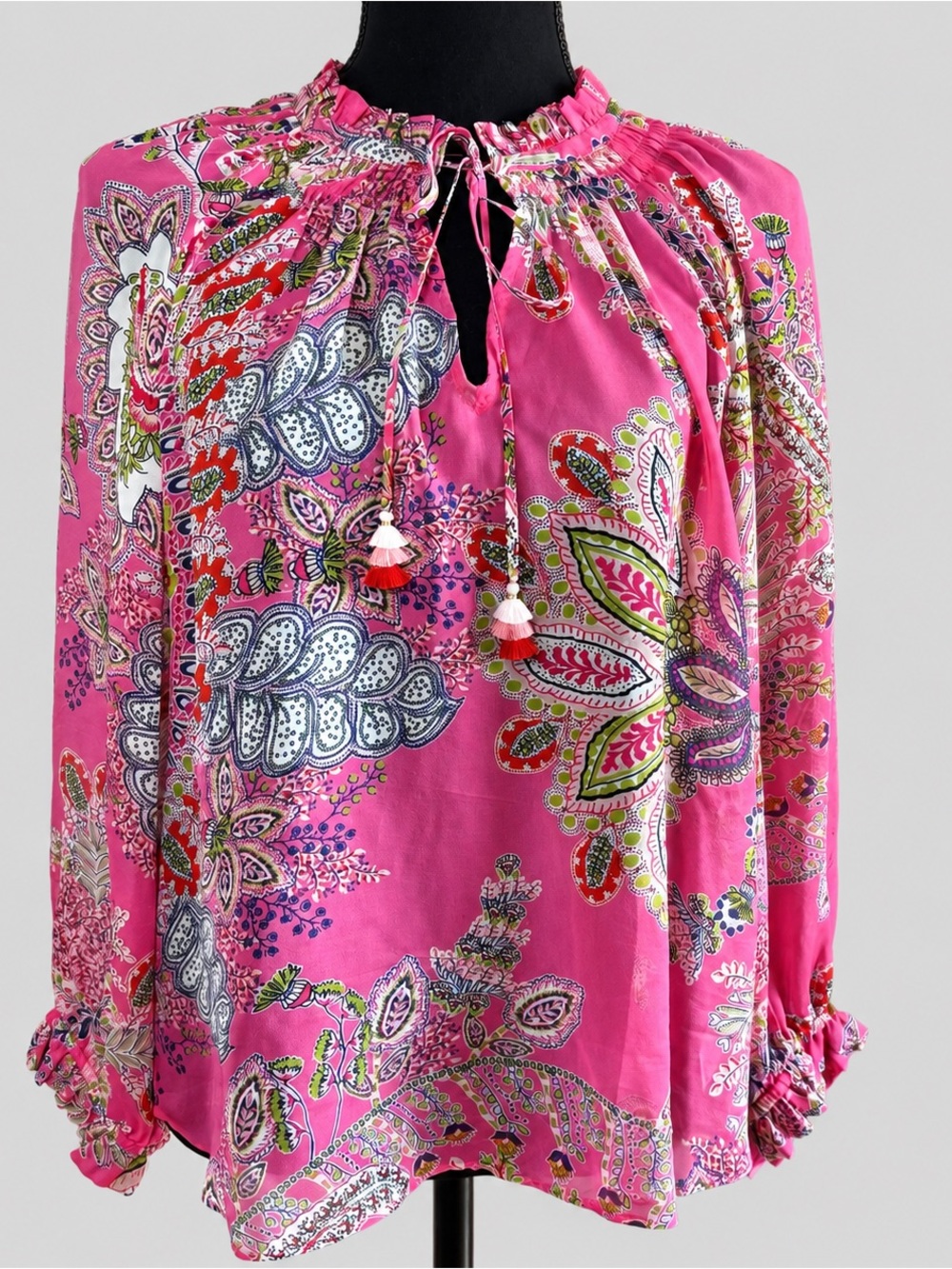 Hale Bob 100% Silk Pink Paisley Tassel Peasant Blouse Top Size Small Boho Luxury - Picture 2 of 11